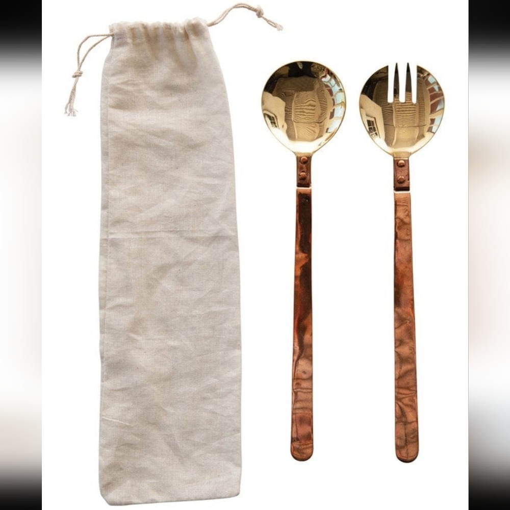 NWT Copper & Brass Salad Servers Set with Drawstring Bag